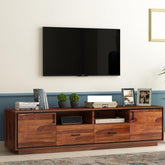 ONIJA  Solid Sheesham Wood TV Unit with 2 Drawers, 2 Shelves, and 2-Door Storage - Accommodates up to 65-Inch TV - Ideal for Living Room